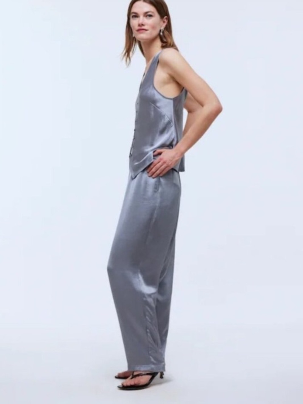 Madewell Satin Relaxed Straight Leg High-Rise Pull-On Pants in Dusk Grey - M